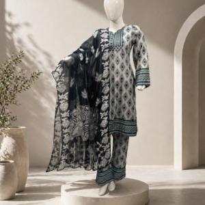 3 Piece Digital Printed Textured Slub Lawn
